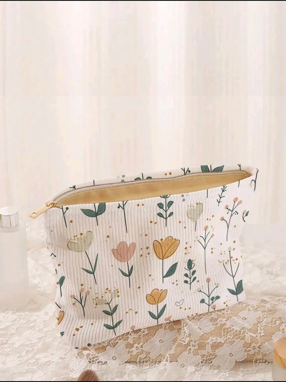 Floral Print Cotton Pouch - White with Green & Yellow Accents